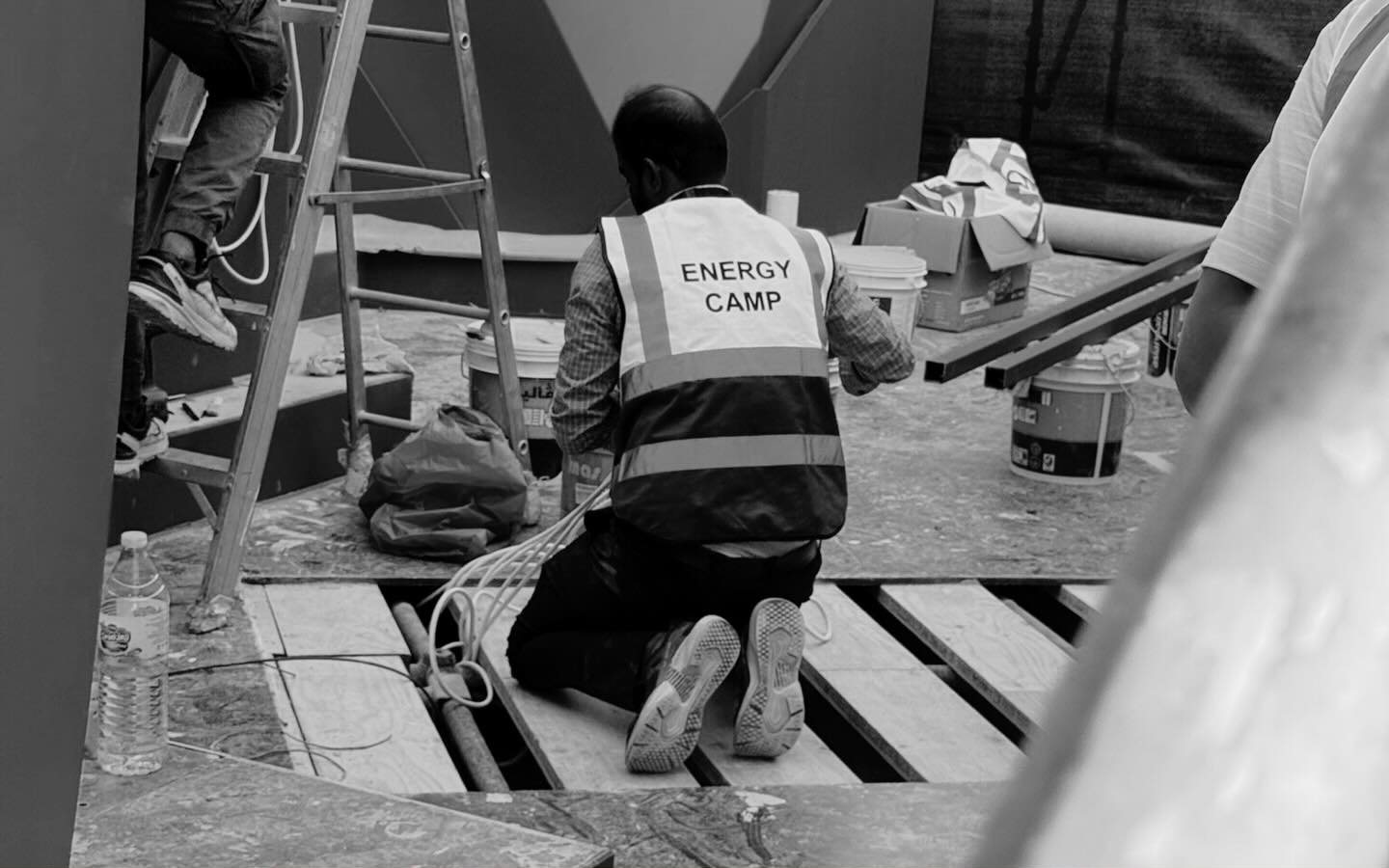Crew fitting the floor inside the Maze of Maybe